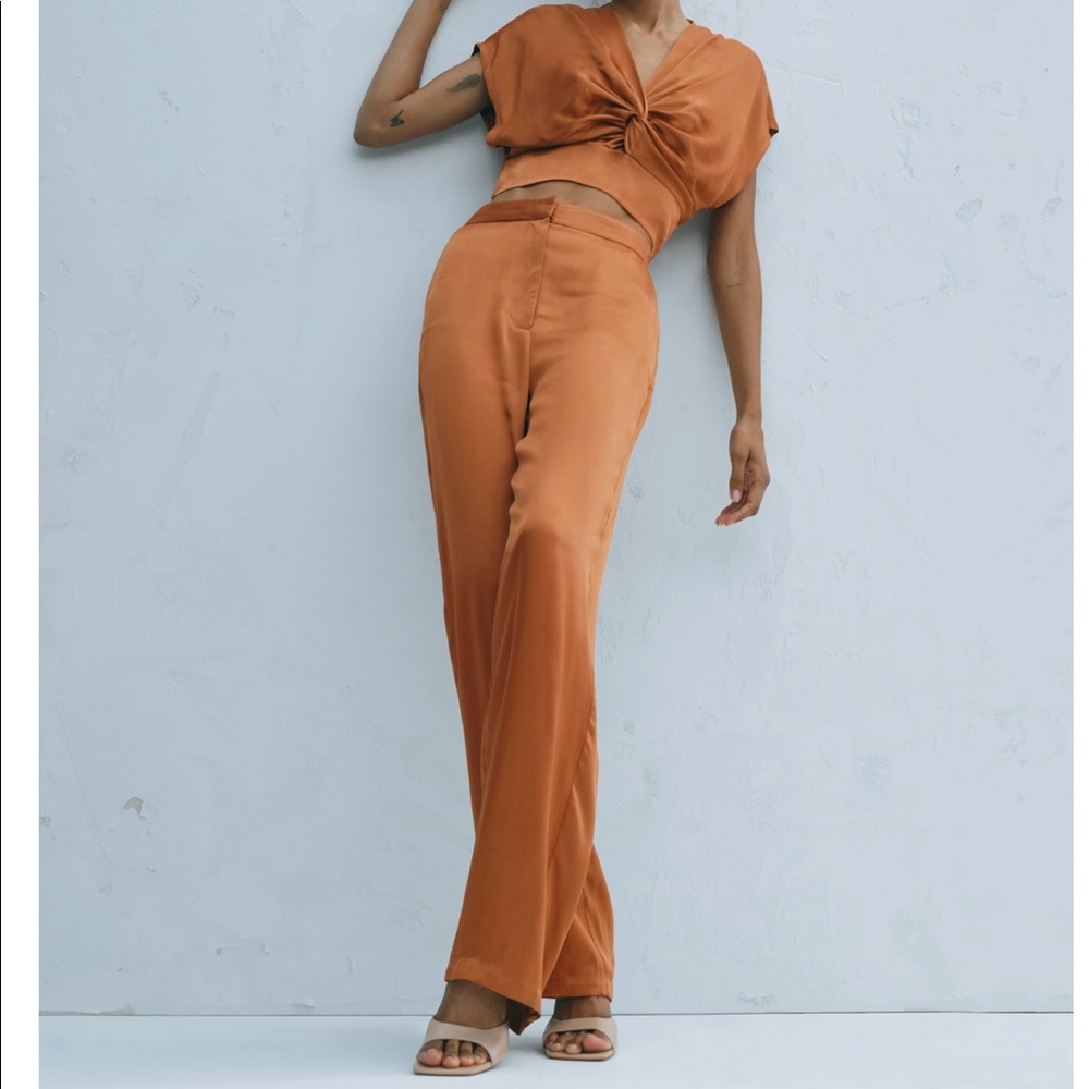 NWT Zara caramel wide flowy satin effect pants